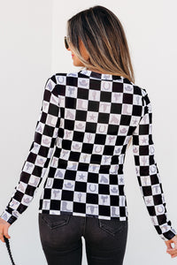 Online Black Checkerboard Western Elements Printed Mesh Long Sleeve Top