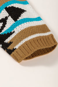 Online Brown Aztec Striped Knit Ribbed Trim Sweater
