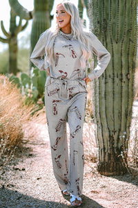 Online Gray Cowgirl Boots Printed Long Sleeve Top Pants Lounge Set