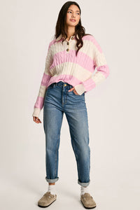 Online Pink Stripe Cable Knit Collared Henley Sweater