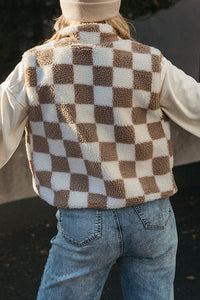 Online Black Checkered Sherpa Collared Jacket Vest