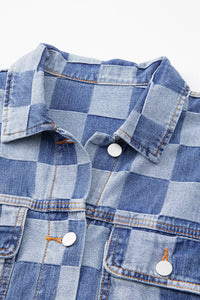 Online Black Checkered Patchwork Button up Denim Jacket