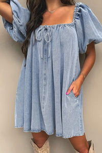 Online Myosotis Bubble Sleeve Square Neck Denim Babydoll Dress