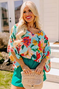 Online Sky Blue Plus Size Floral Print V Neck Batwing Sleeve Blouse
