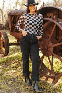 Online Black Checkerboard Western Elements Printed Mesh Long Sleeve Top