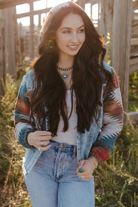 Online Multicolor Aztec Print Frayed Hem Denim Jacket