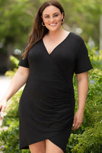 Load image into Gallery viewer, Black Wrap Ruched Short Sleeves Plus Size Mini Dres
