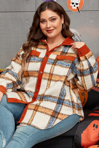 Online Brown Stripe Plus Size Plaid Print Collared Buttoned Jacket