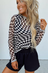 Online Khaki Checkered Pattern Mesh Mock Neck Long Sleeve Top