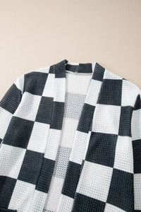 Online Black Checkered Waffle Knit Thumbhole Open Front Cardigan