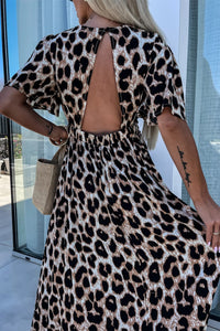 Online Khaki Leopard V Neck Cinched High Waist Open Back Maxi Dress