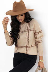 Online Pink Plaid Pattern Knitted Drop Shoulder Sweater