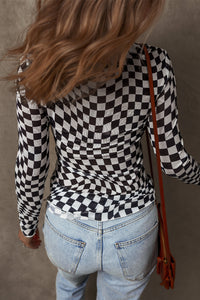 Online Khaki Checkered Pattern Mesh Mock Neck Long Sleeve Top