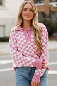 Online Apricot Checkered Buttons Collar V Neck Drop Shoulder Sweater