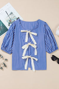 Online Blue Stripe Tied Front Puff Short Sleeve Blouse