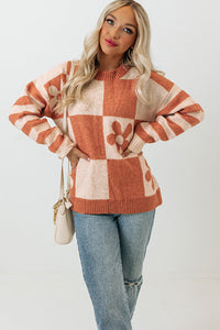 Online Orchid Petal Checkered Floral Print Striped Sleeve Sweater