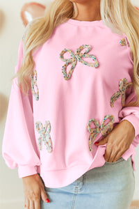 Online Light Pink Embroidered Bow Lantern Sleeve Oversized Pullover Sweatshirt