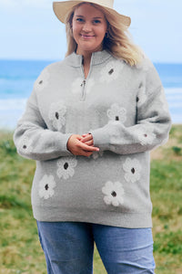 Online Gray Plus Size Embroidered Floral Pattern Half Zip Sweater