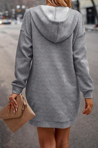 Gray Textured Kangaroo Pocket Drawstring Hooded Mini Dress