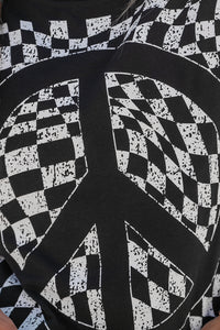 Online Black Checkerboard Peace Sign Printed Round Neck T Shirt