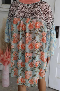 Sky Blue Leopard Floral Mixed Print Wide Sleeves Kimono