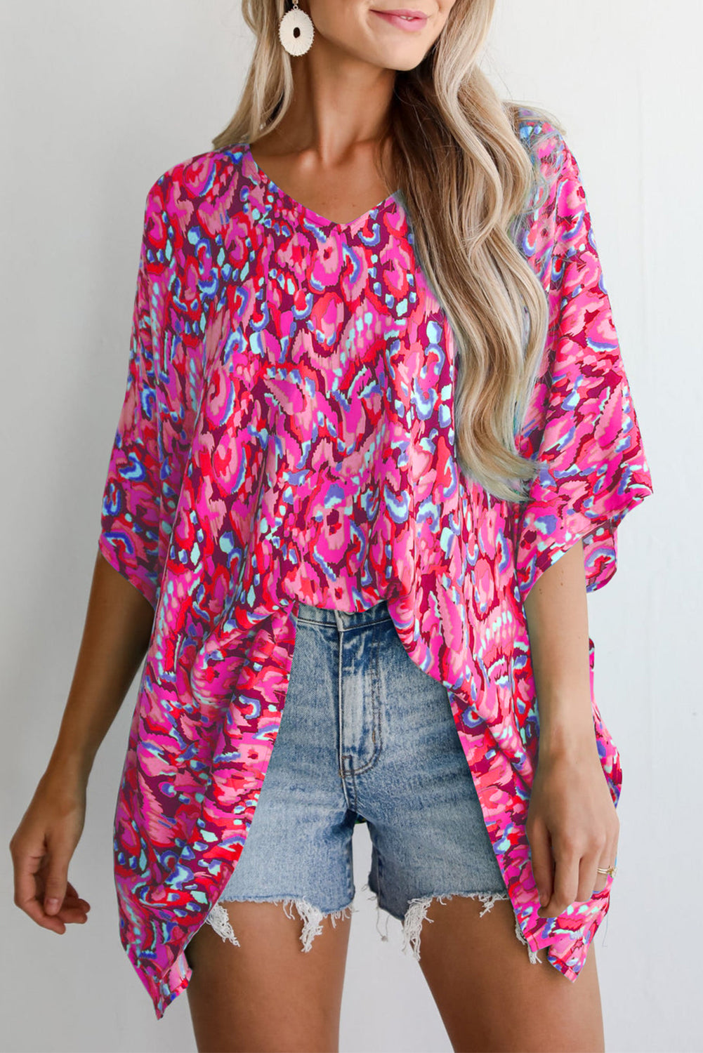 Online Pink Abstract Print V Neck Half Sleeve Loose Fit Tunic Blouse