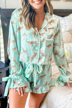 Load image into Gallery viewer, Online Green Leopard Satin Ruffle Pajama Short Set
