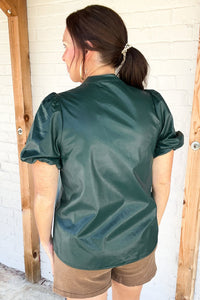 Online Sea Green  Notched V Neck Short Puff Sleeve PU Leather Blouse