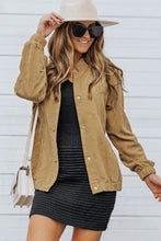 Load image into Gallery viewer, Brown Snaps Stand Neck Long Sleeve Buttoned Corduroy Coat
