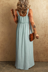Online Green Stripe Shirred Frilled High Waist Sleeveless Loose Fit Maxi Dress