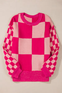 Online Rose Red Mixed Checkered Pattern Drop Shoulder Loose Sweater