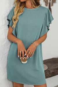 Online Canton Corded Ruffle Sleeve Crew Neck Shift Dress