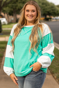 Online Aruba Blue Colorblock Patchwork Cross Seam Plus Sweatshirt