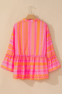 Online Vitality Orange Plus Size Geometric Printed Bell Sleeve Babydoll Blouse