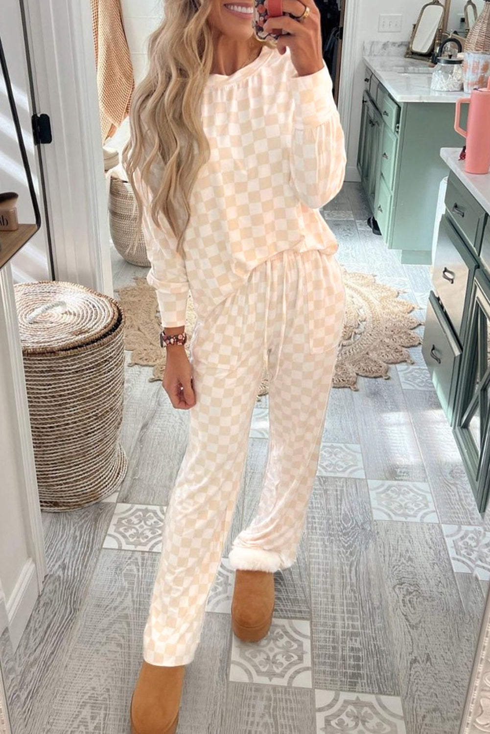 Online Beige Checkered Print Long Sleeve Top and Pants Lounge Set