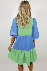 Online Dark Blue Colorblock Frilled V Neck Puff Half Sleeve Shift Dress