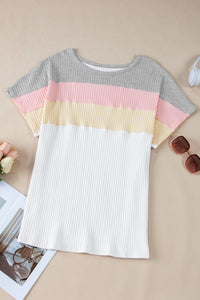 Online White Colorblock Patchwork Batwing Sleeve Ribbed Plus T Shirt