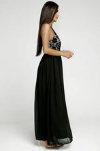 Load image into Gallery viewer, Black Crisscross Backless Lace Chiffon Maxi Dress
