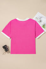 Load image into Gallery viewer, Online Pink Contrast Trim Collared Split Neck Short Sleeve Plus Size Top
