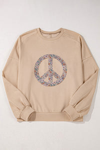 Online Pale Khaki Floral Peace Sign Graphic Washed Terry Plus Size Sweatshirt