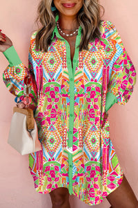 Online Orange Western Geometric Print Cuffed Shift Shirt Dress