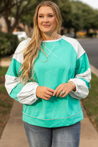 Online Aruba Blue Colorblock Patchwork Cross Seam Plus Sweatshirt