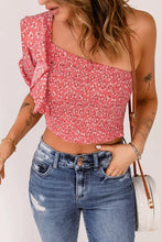 Load image into Gallery viewer, Pink Floral Print Shirred Ruffled One Shoulder Crop Top
