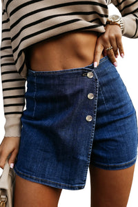 Online Bluing Asymmetric Wrapped Buttoned High Waist Denim Shorts