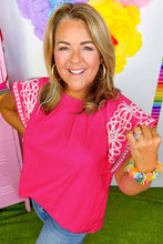 Load image into Gallery viewer, Online Strawberry Pink Floral Embroidered Flutter Sleeve Pleated O Neck Plus Size Blouse
