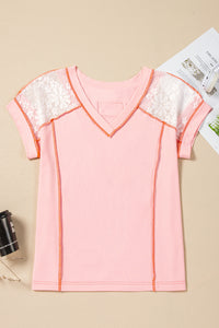 Online Light Pink Lace Patchwork Exposed Seam V Neck T Shirt