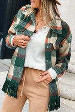 Load image into Gallery viewer, Sea Green Plaid Snap Button Pocket Fringed Hem Jacket

