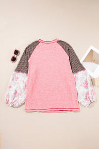 Online Pink Checkered Paisley Patchwork Raglan Sleeve Seamed Plus Size Top