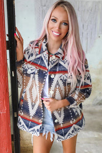 Online Multicolor Aztec Print Button-Up Oversized Jacket