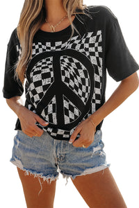 Online Black Checkerboard Peace Sign Printed Round Neck T Shirt